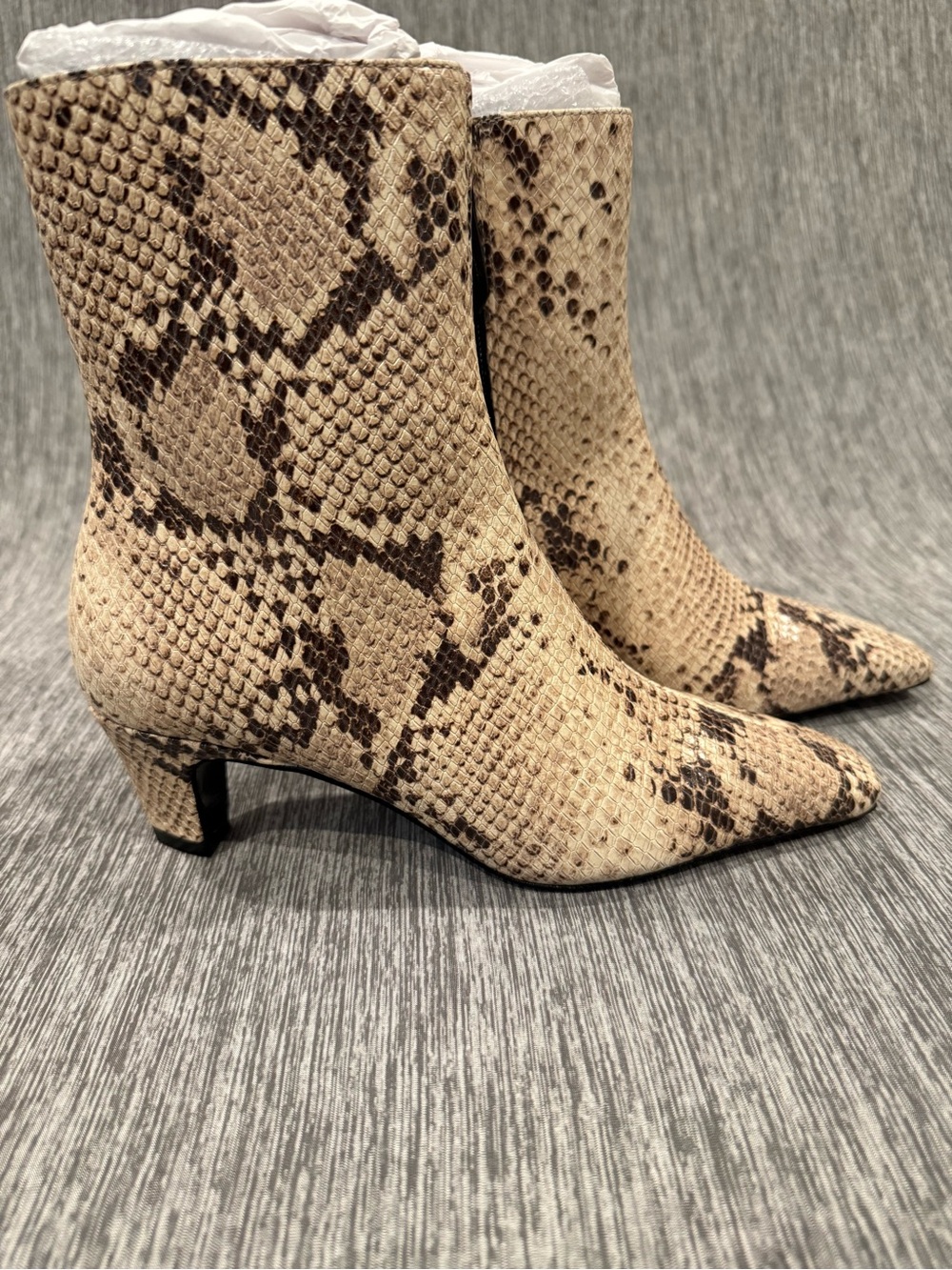 Schutz Snake-Print Pointed Ankle Booties in Beige